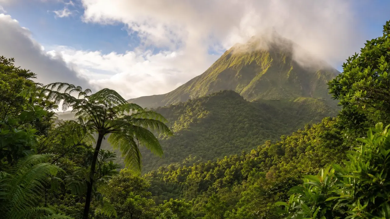 Le volcan de la Soufrière et sa forêt tropicale sous un ciel nuageux