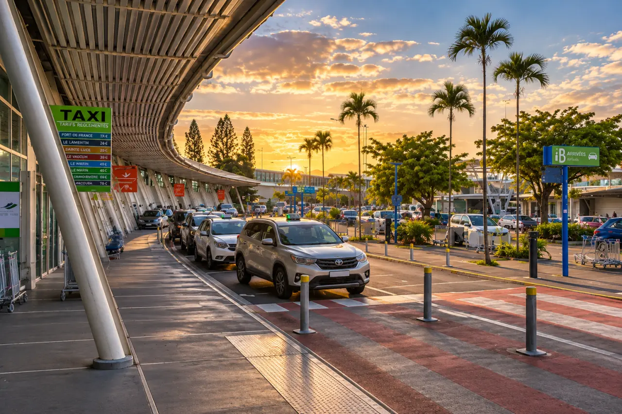 Entrée de l’aéroport international Martinique Aimé Césaire au coucher du soleil, avec zone de dépose-minute, taxis, véhicules, palmiers et accès au terminal à Fort-de-France.