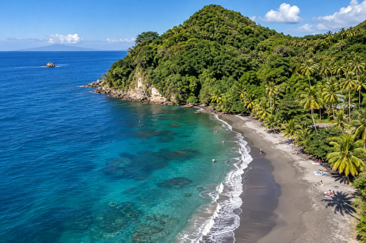 Anse Céron en Martinique vue du ciel, avec sa plage de sable noir, ses eaux turquoise, ses cocotiers et sa végétation tropicale luxuriante.
