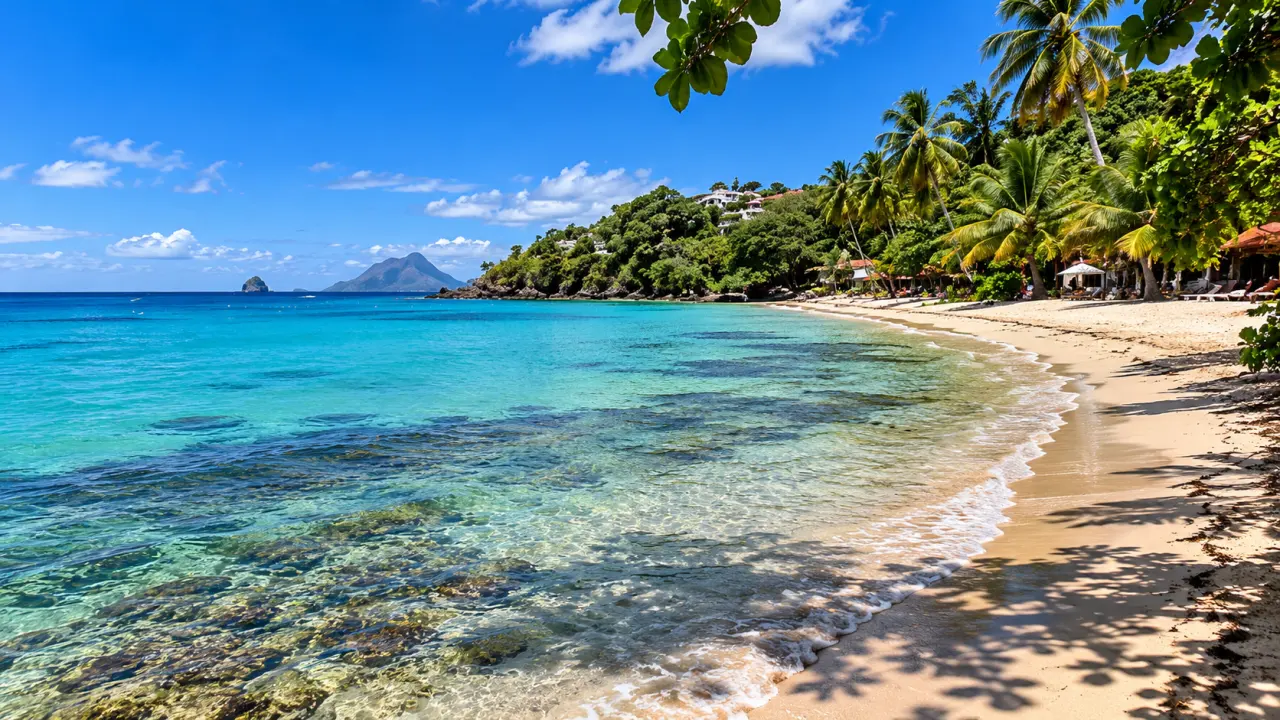 Anse Figuier en Martinique, plage de sable clair bordée de cocotiers et eaux turquoise avec vue sur les montagnes.