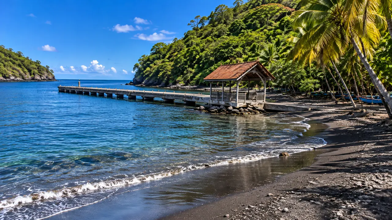 Anse Noire en Martinique, plage de sable noir volcanique avec ponton en bois, eaux turquoise et végétation tropicale.