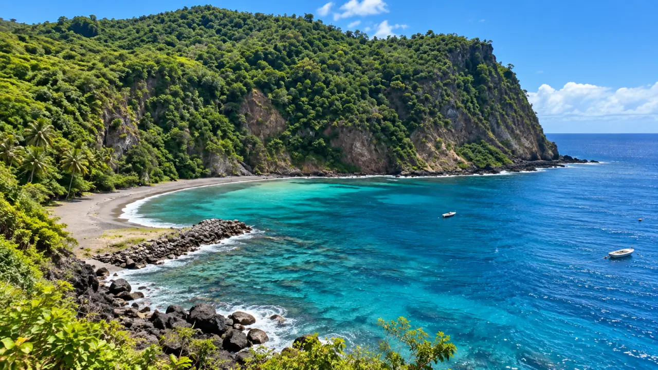 Anse sauvage de marie-galante entourée de falaises volcaniques et de forêt tropicale, avec plage de sable et eaux turquoise.