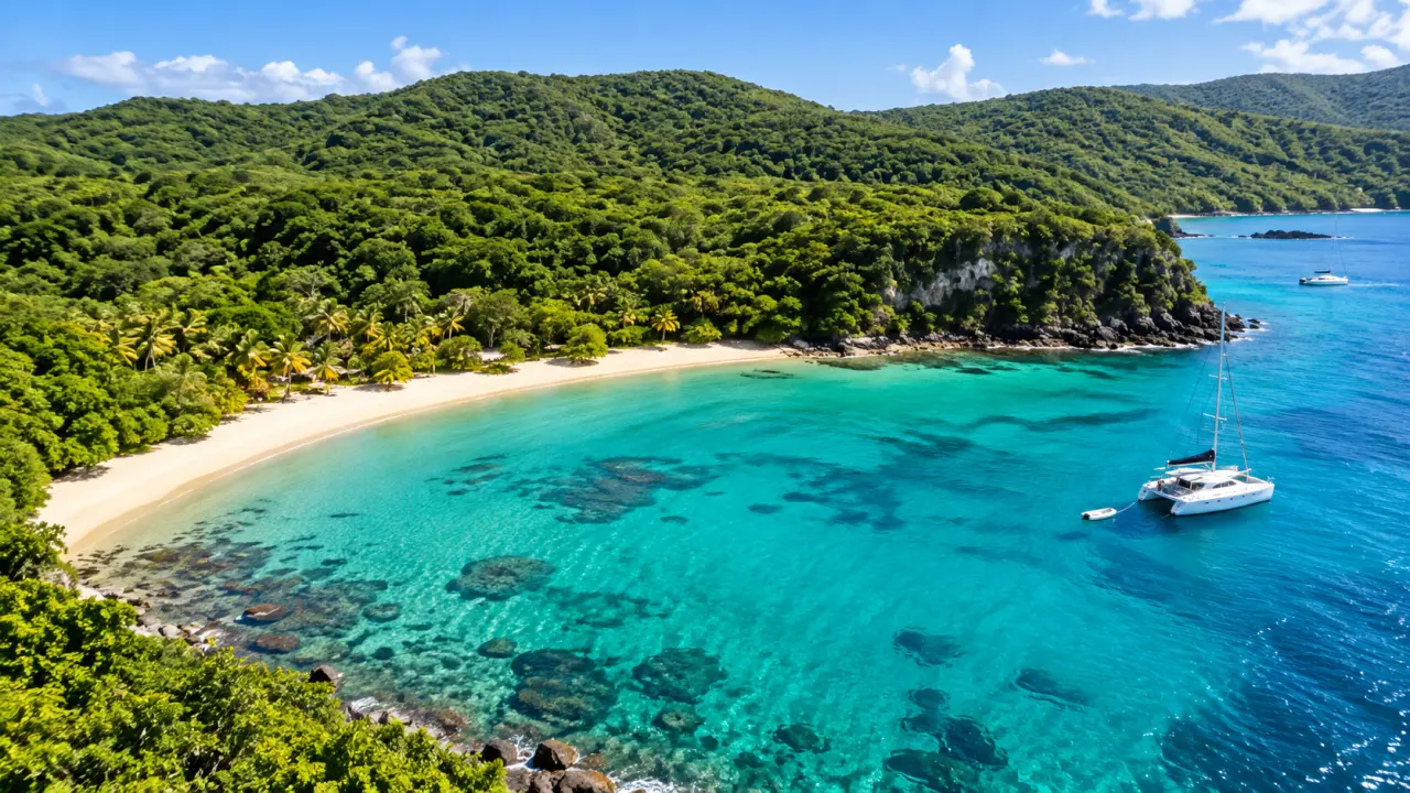 Baie de Guadeloupe aux eaux turquoise, plage de sable blanc et forêt tropicale luxuriante vue du ciel.