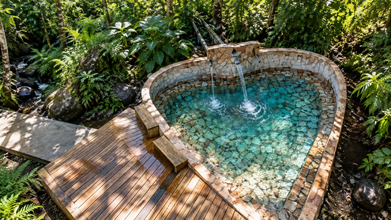 Bassin naturel en pierre en Guadeloupe au cœur de la forêt tropicale, eau turquoise et cascade.