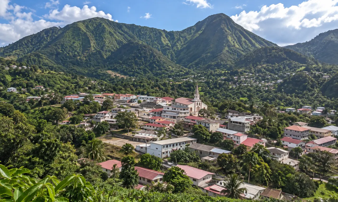 Bourg du Morne-Vert en Martinique, niché au pied des Pitons du Carbet avec son église et ses maisons entourées de végétation tropicale.