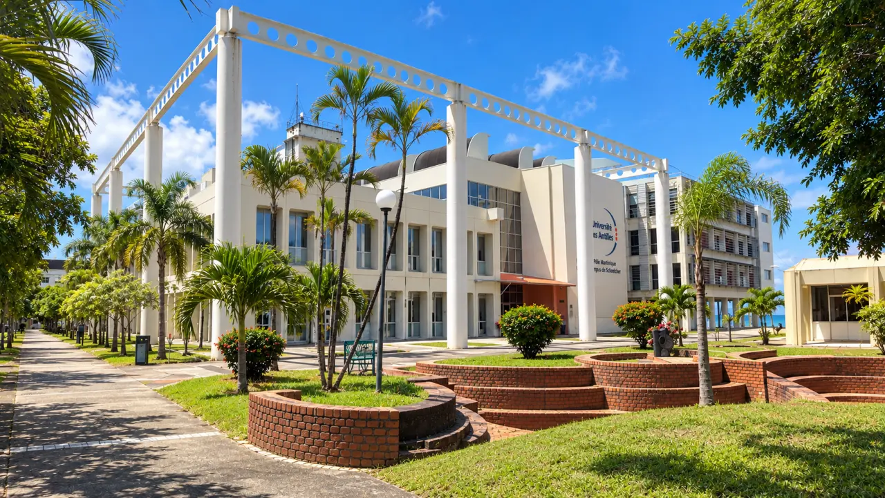 Campus universitaire de Schœlcher en Martinique, bâtiment de l’Université des Antilles entouré de palmiers et d’espaces verts.