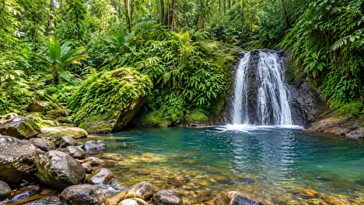 Cascade aux Écrevisses en Guadeloupe, chute d’eau tropicale et bassin naturel au cœur de la forêt luxuriante.