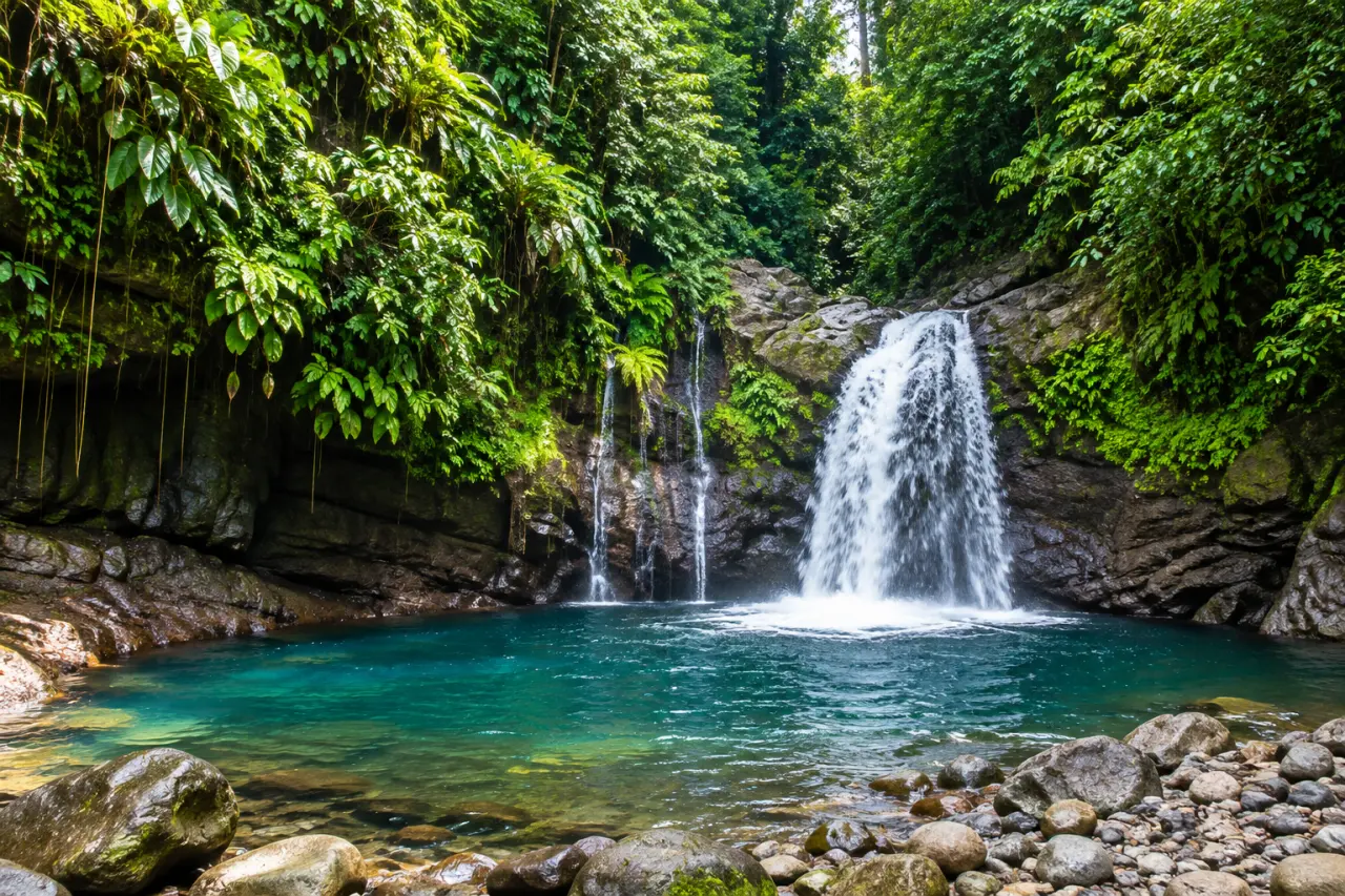 Cascade en Guadeloupe au cœur de la forêt tropicale, bassin naturel turquoise entouré de rochers et de végétation luxuriante.