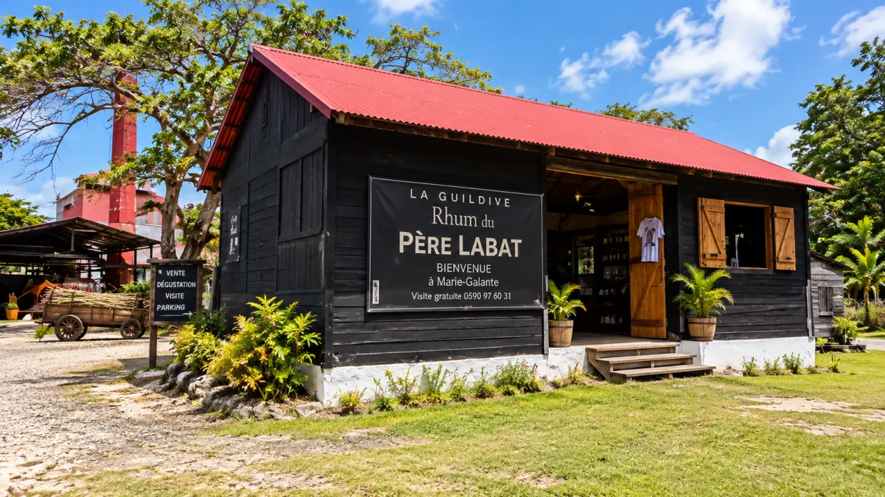 Distillerie du Père Labat à Marie-Galante en Guadeloupe, boutique traditionnelle en bois et ancienne cheminée de distillation.