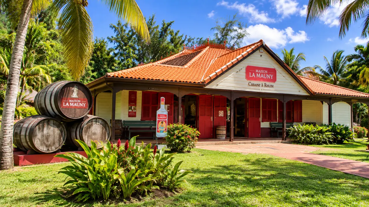 Distillerie La Mauny en Martinique, maison créole à volets rouges entourée de palmiers et de végétation tropicale.