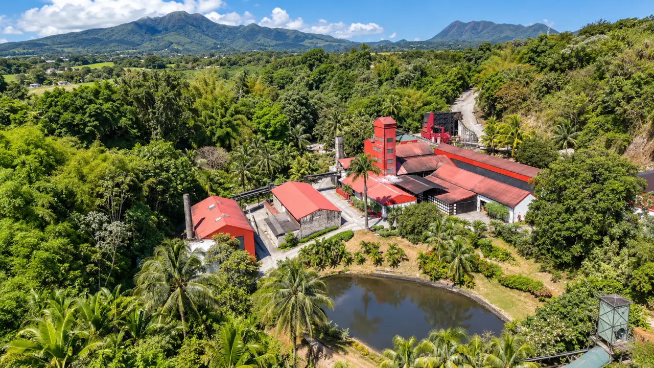 Distillerie Saint-James en Martinique, ancienne distillerie de rhum au cœur d’un paysage tropical avec jardins et montagnes en arrière-plan.