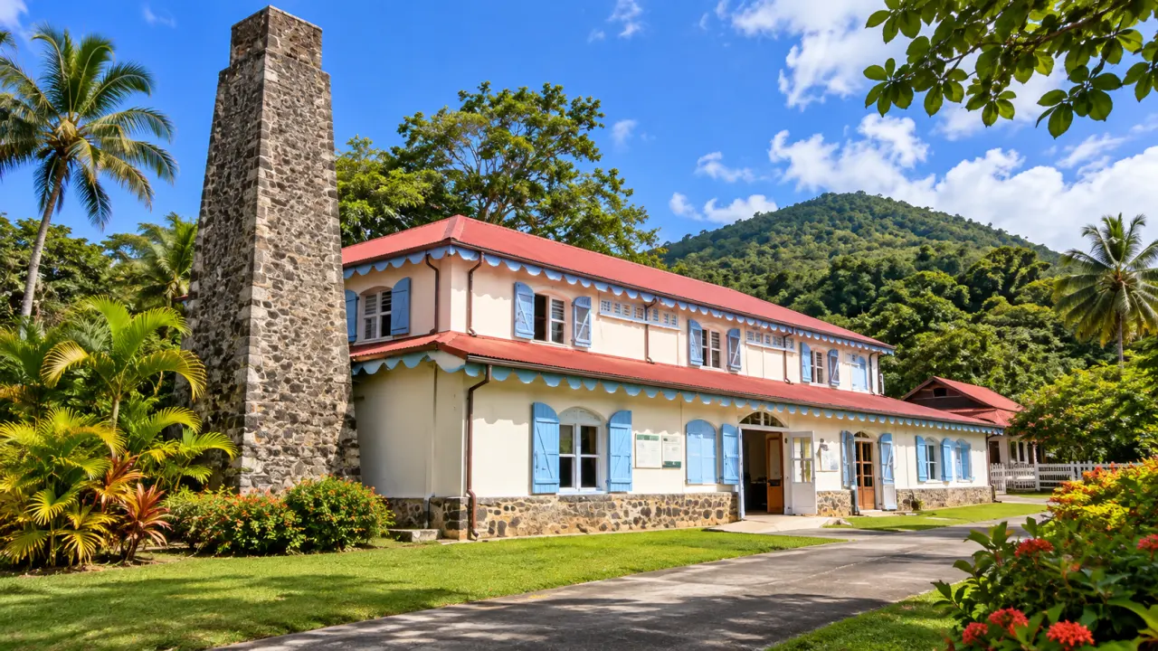 Écomusée de Martinique, ancienne habitation créole aux volets bleus et toit rouge entourée de végétation tropicale.