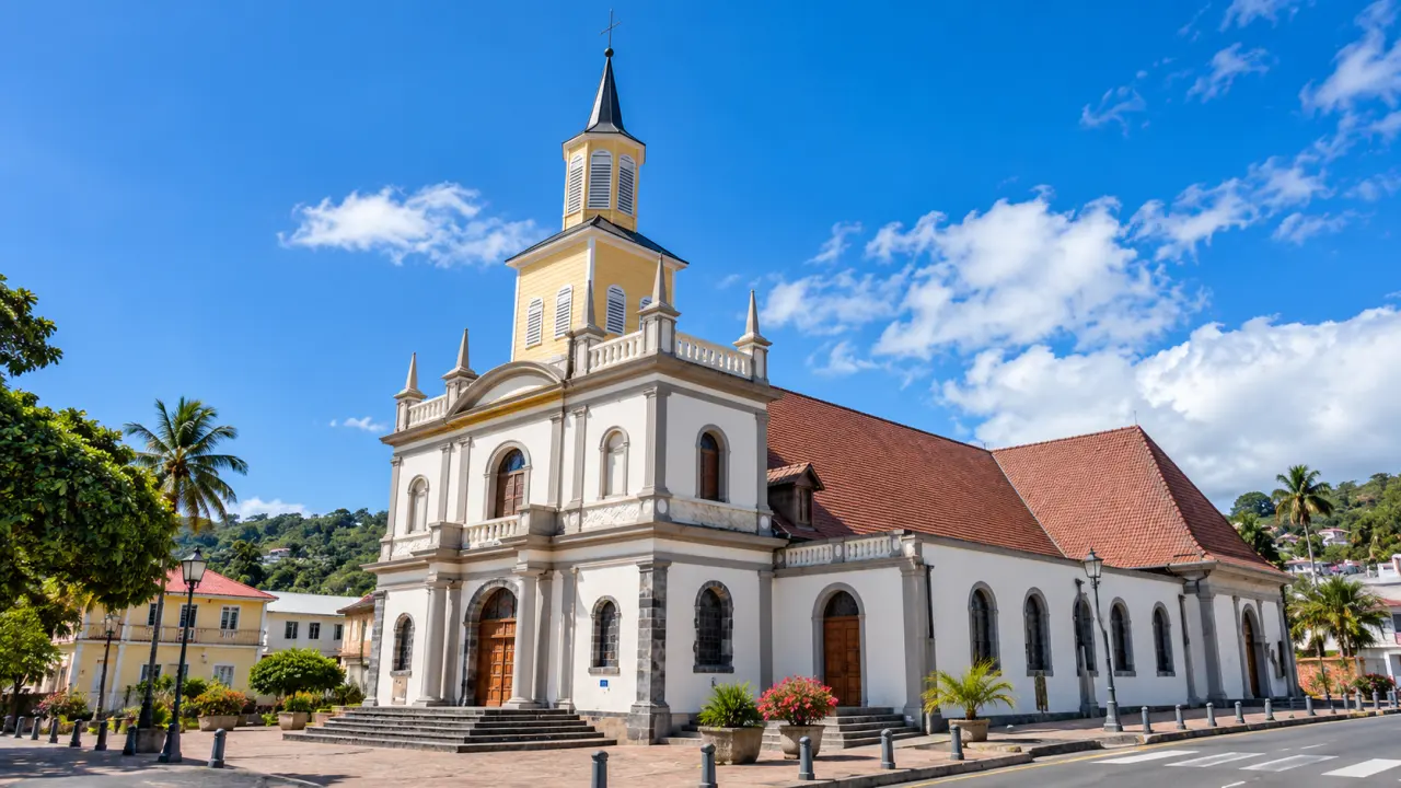 Église du Lorrain en Martinique, édifice historique à façade blanche et grise, clocher à flèche et toit en tuiles rouges.