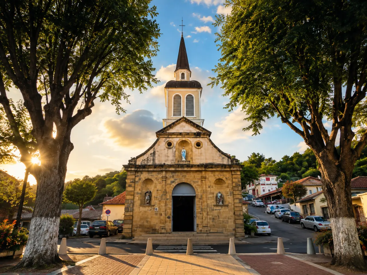 Église Notre-Dame de Sainte-Anne en Martinique : façade en pierre éclairée au coucher du soleil entre deux grands arbres.