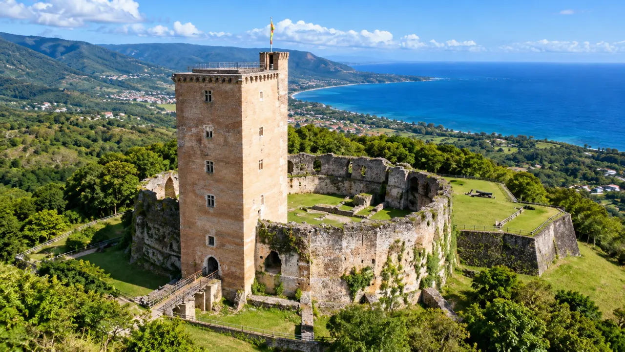 Forteresse historique de Guadeloupe vue du ciel, tour en pierre, remparts et ruines surplombant la côte et la mer des Caraïbes.
