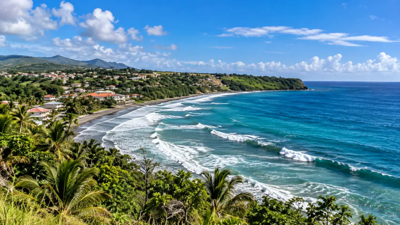 Grande Anse du Lorrain en Martinique, plage bordée de cocotiers et d'eaux turquoise avec collines verdoyantes en arrière-plan.