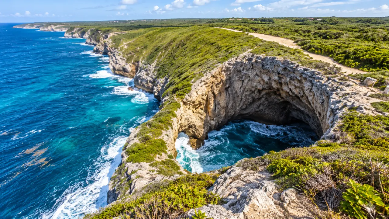 Grotte marine de Guadeloupe creusée dans une falaise calcaire, vue aérienne sur les eaux turquoise et la côte sauvage.