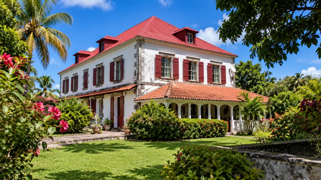 Habitation Vivé au Lorrain en Martinique, maison coloniale historique à façade blanche et volets rouges entourée d'un jardin tropical.