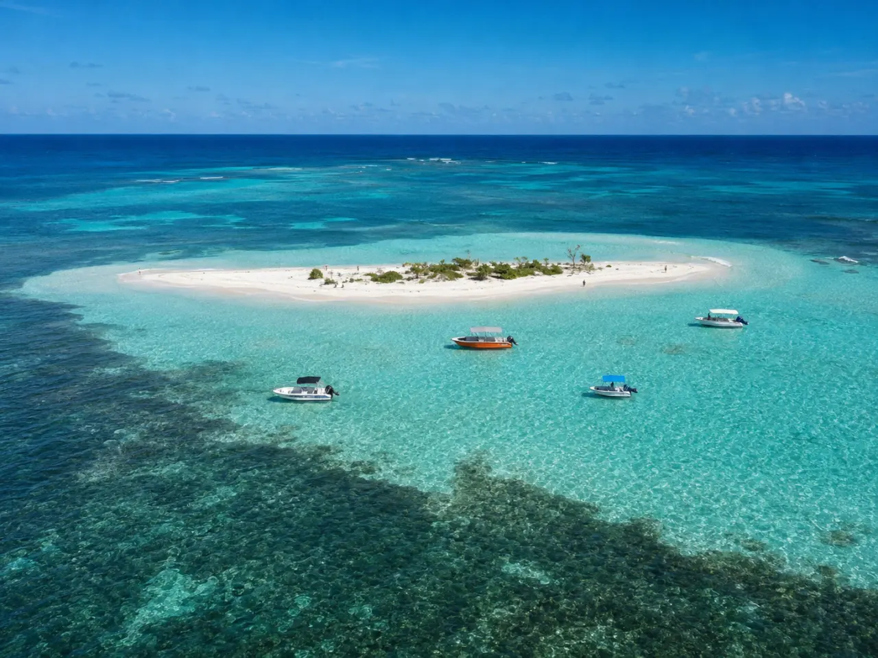 Vue aérienne de l'îlet Caret et de ses fonds blancs dans le Grand Cul-de-Sac Marin en Guadeloupe, montrant une petite île de sable blanc entourée d'une eau turquoise translucide où mouillent plusieurs bateaux de plaisance.