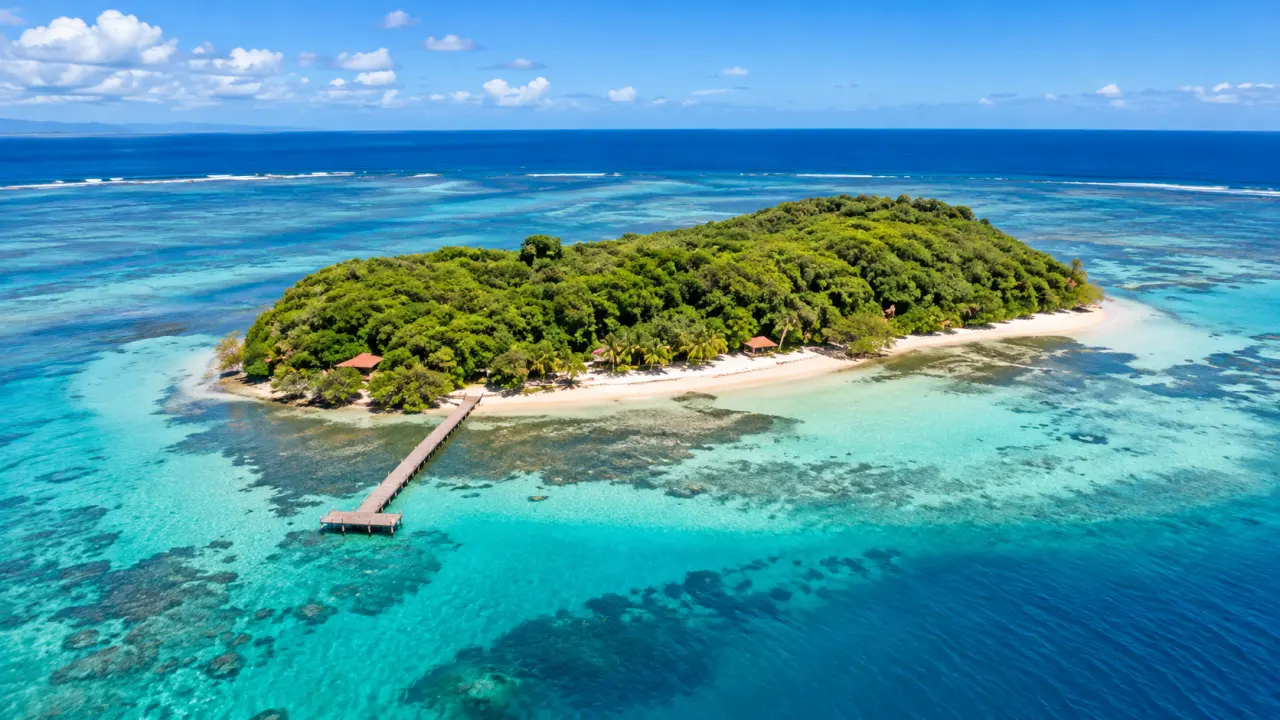 Îlet de Guadeloupe entouré d'eaux turquoise et de récifs coralliens dans les Caraïbes.