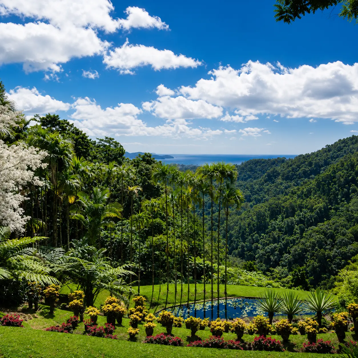 Jardin de Balata en Martinique : étang entouré de fleurs tropicales, palmiers, collines vertes et mer à l'horizon.