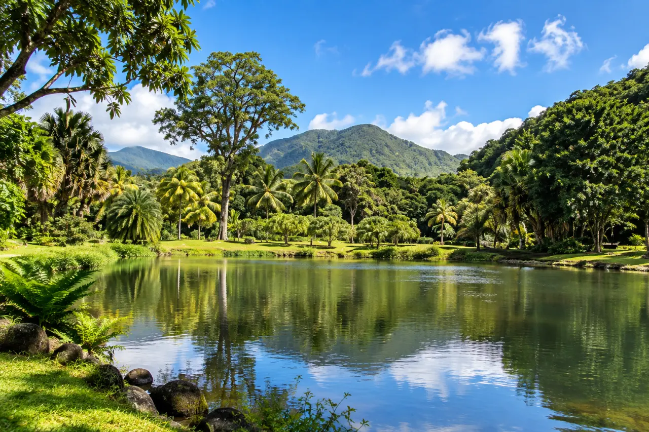 Lac de Guadeloupe entouré de palmiers et de végétation tropicale avec les montagnes de Basse-Terre en arrière-plan.