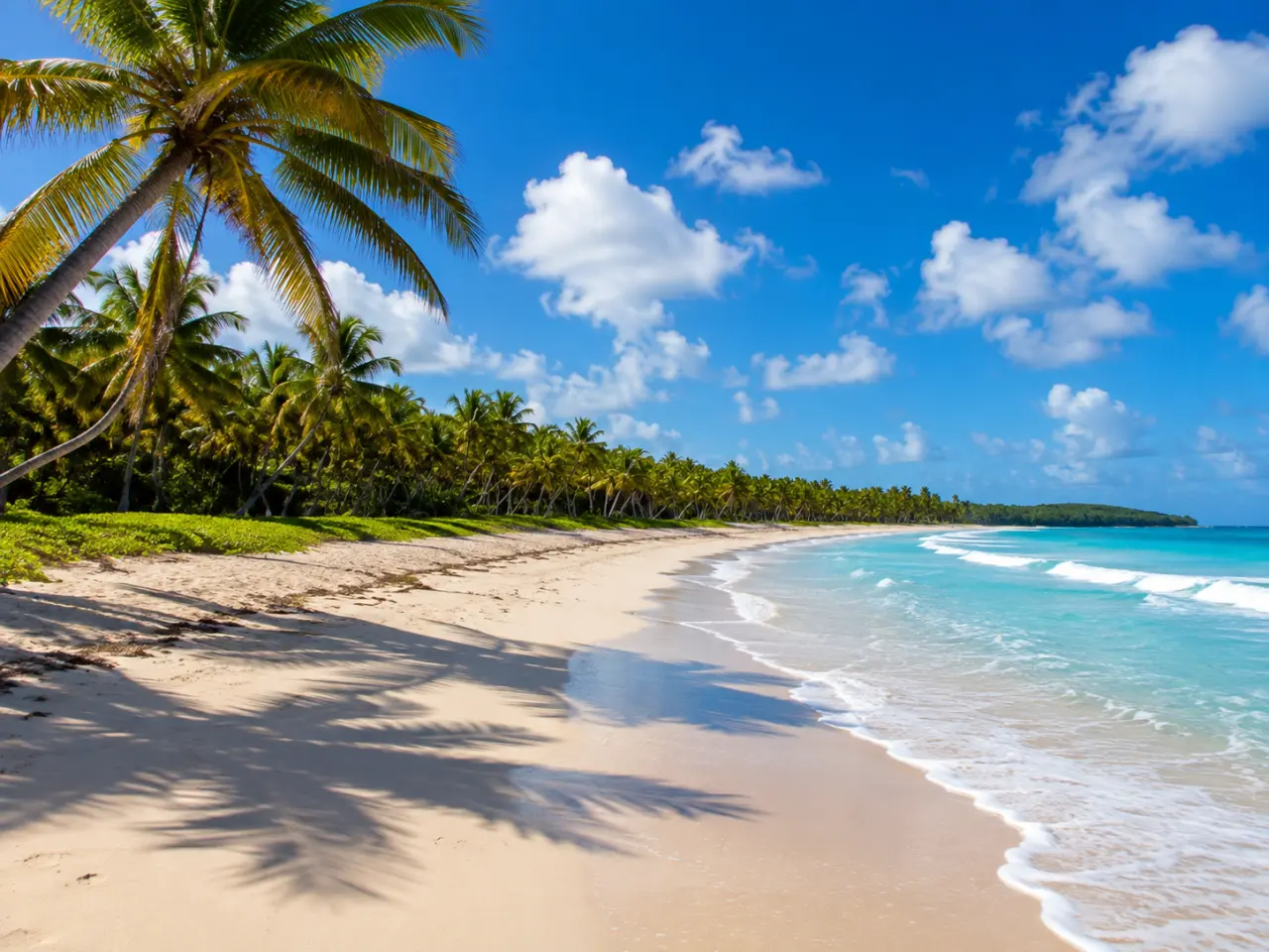 Plage de sable blanc du Grand Macabou bordée de cocotiers et d'une eau turquoise au Vauclin en Martinique.