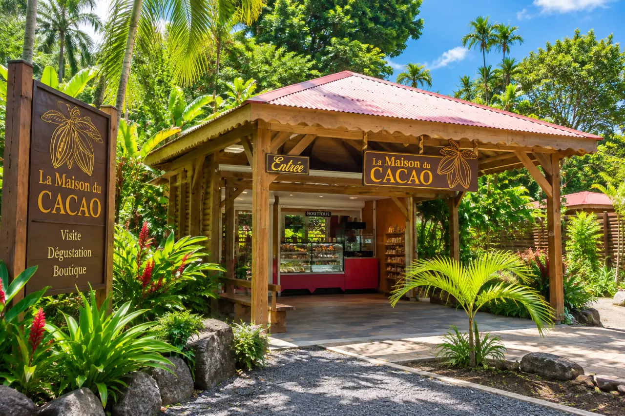 Maison du Cacao en Guadeloupe, espace de visite et dégustation du cacao au cœur d’un jardin tropical.