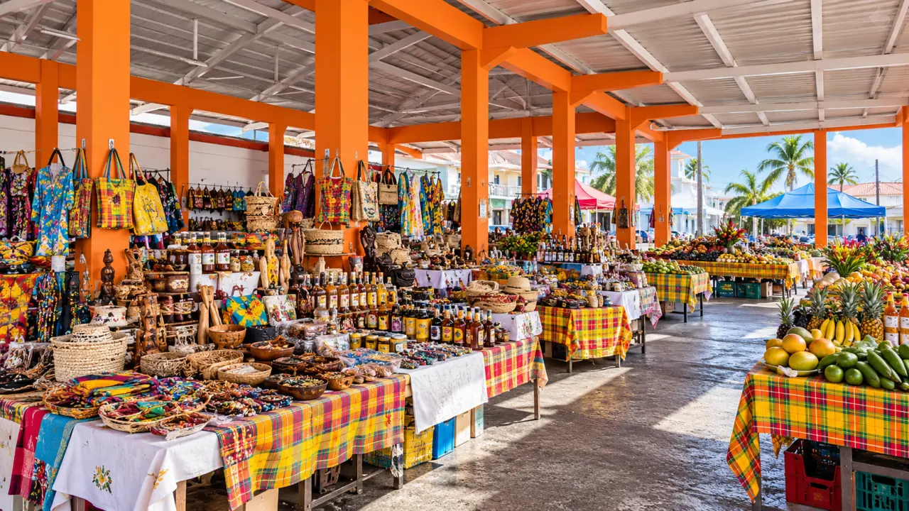 Marché couvert de Guadeloupe avec étals colorés de produits locaux, artisanat, fruits tropicaux et spécialités créoles.