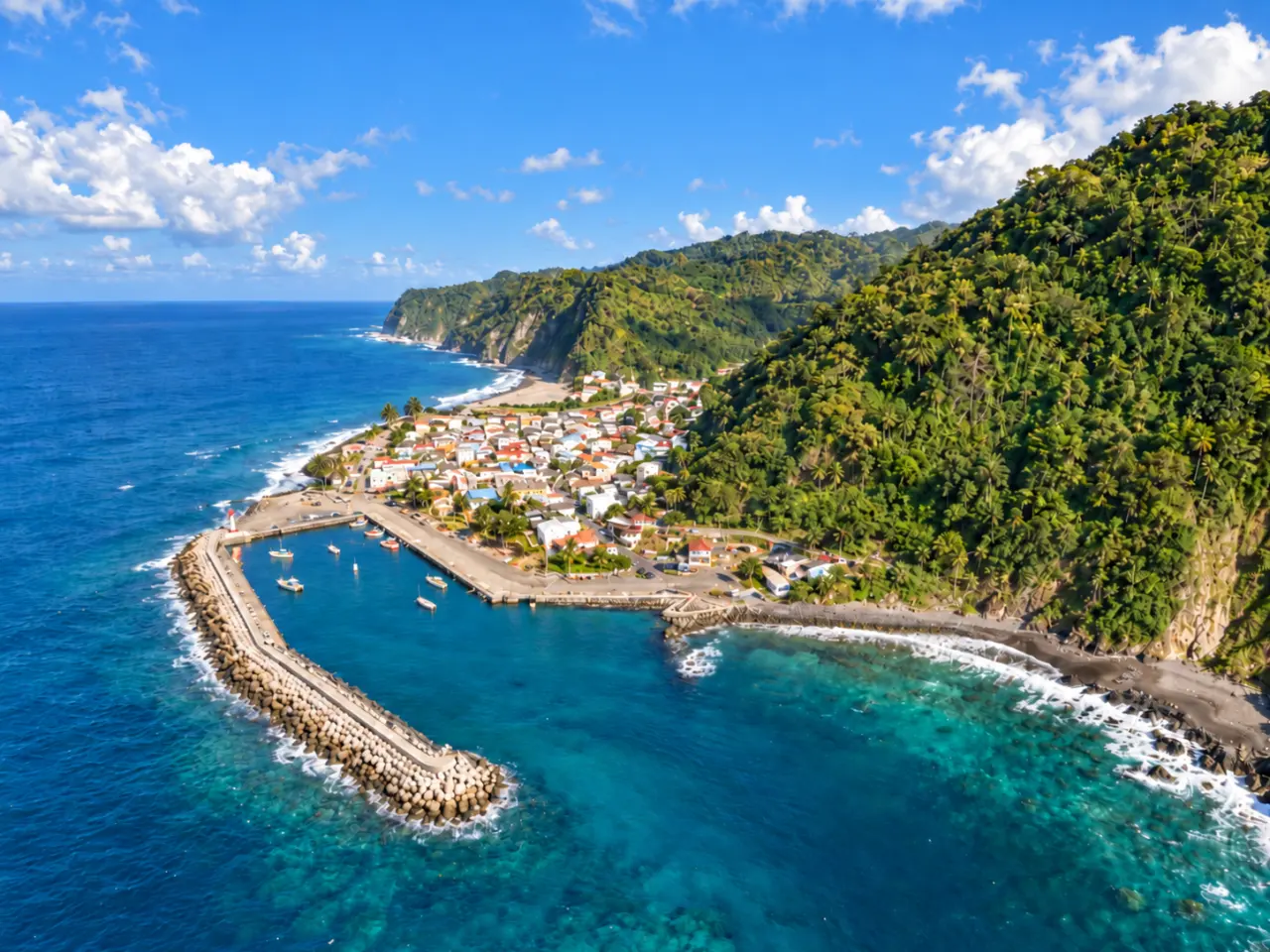 Port de pêche de Grand'Rivière en Martinique, entre mer turquoise, village côtier et montagnes tropicales