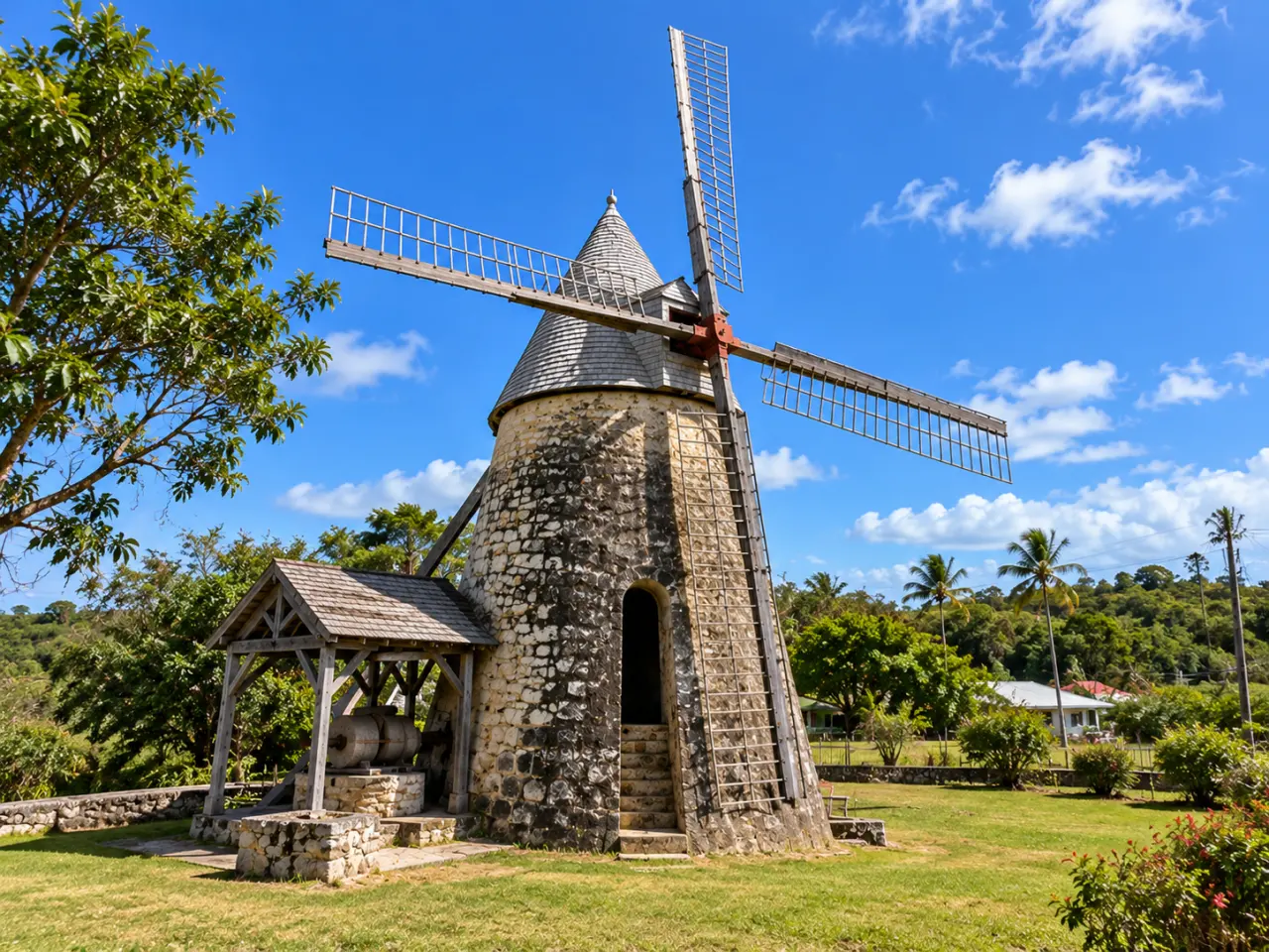 Moulin à vent historique en pierre à Capesterre-de-Marie-Galante, avec ailes en bois, toiture en bardeaux et paysage tropical verdoyant.