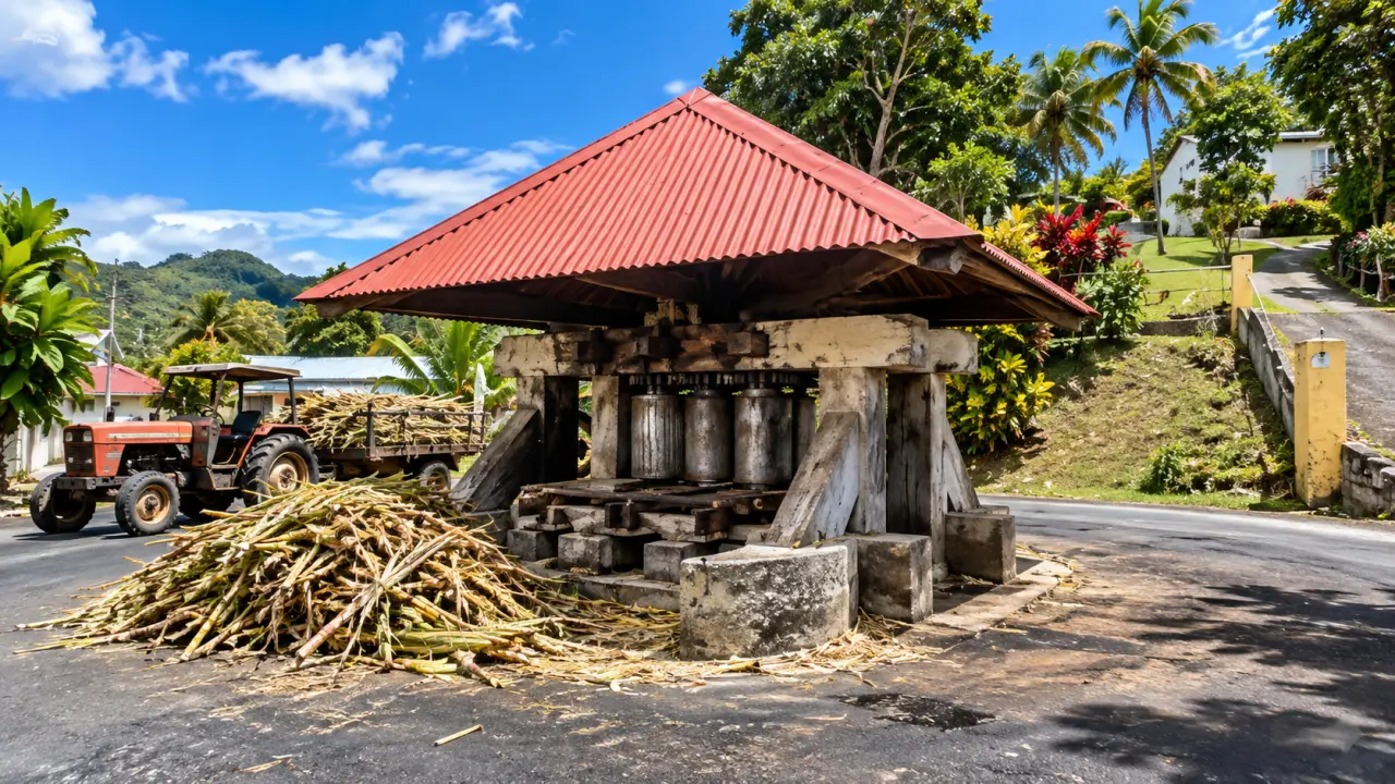 Moulin Saint-Jouan au Lorrain en Martinique, ancien moulin à canne à sucre avec structure en pierre, toit rouge et paysage tropical.
