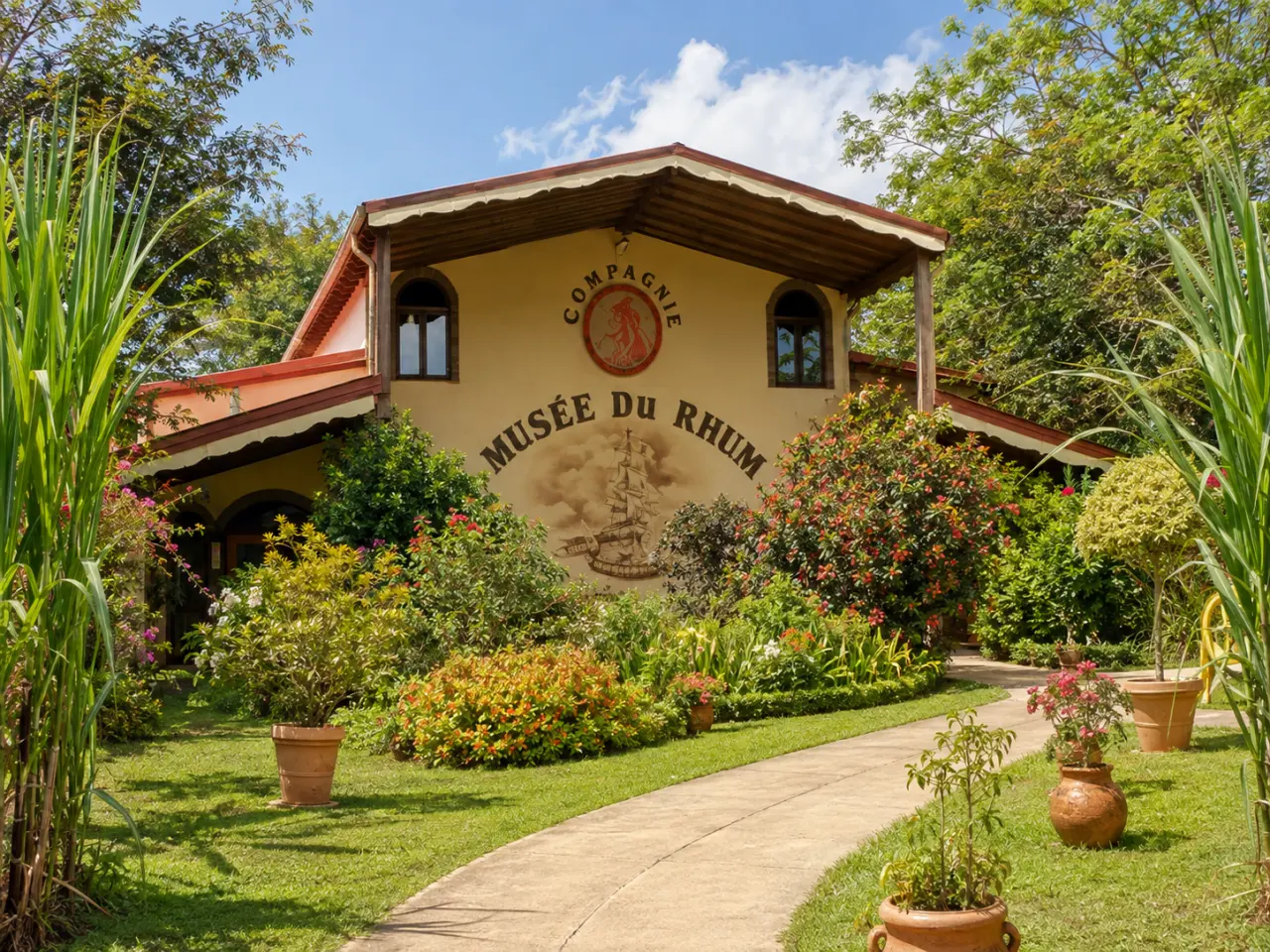 Façade extérieure du Musée du Rhum de la distillerie Reimonenq à Sainte-Rose en Guadeloupe, montrant un bâtiment de style créole jaune et marron, entourée d'un jardin tropical fleuri et de hautes tiges de canne à sucre au premier plan.
