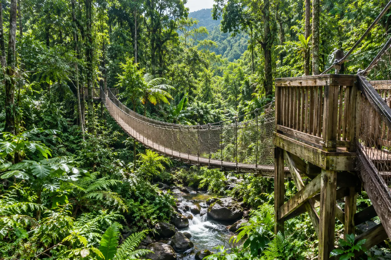Passerelle suspendue dans la forêt tropicale de Martinique, pont en bois au-dessus d’une rivière entourée de végétation luxuriante.