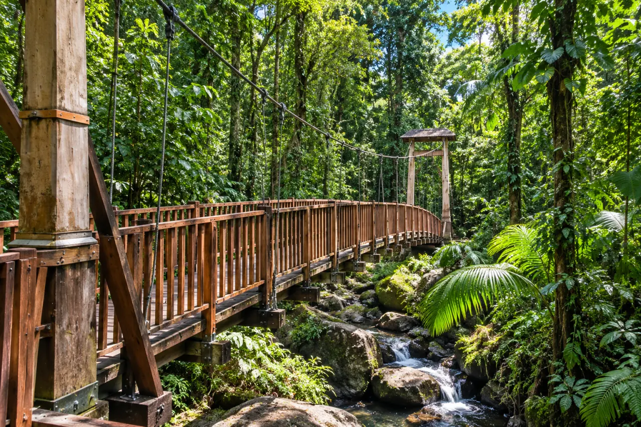 Passerelle suspendue en bois en Guadeloupe au cœur de la forêt tropicale, au-dessus d’une rivière et de rochers moussus.