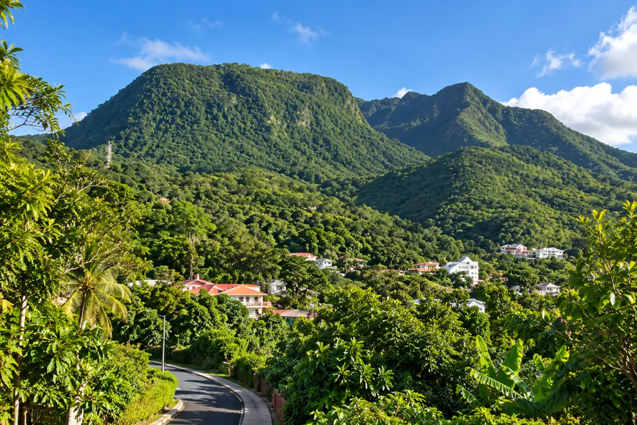 Paysage montagneux de Guadeloupe, reliefs verdoyants de Basse-Terre et végétation tropicale sous un ciel bleu.