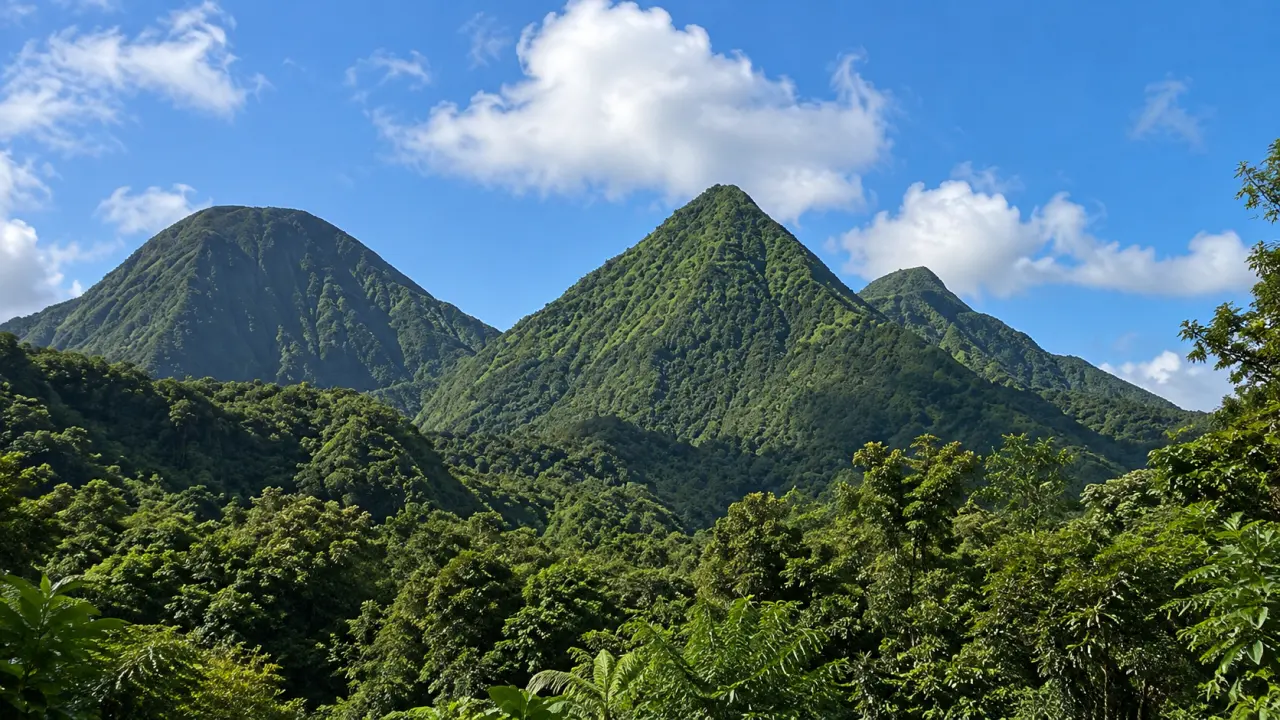 Paysage montagneux de Sainte-Marie en Martinique, avec les sommets verdoyants et la forêt tropicale sous un ciel bleu.