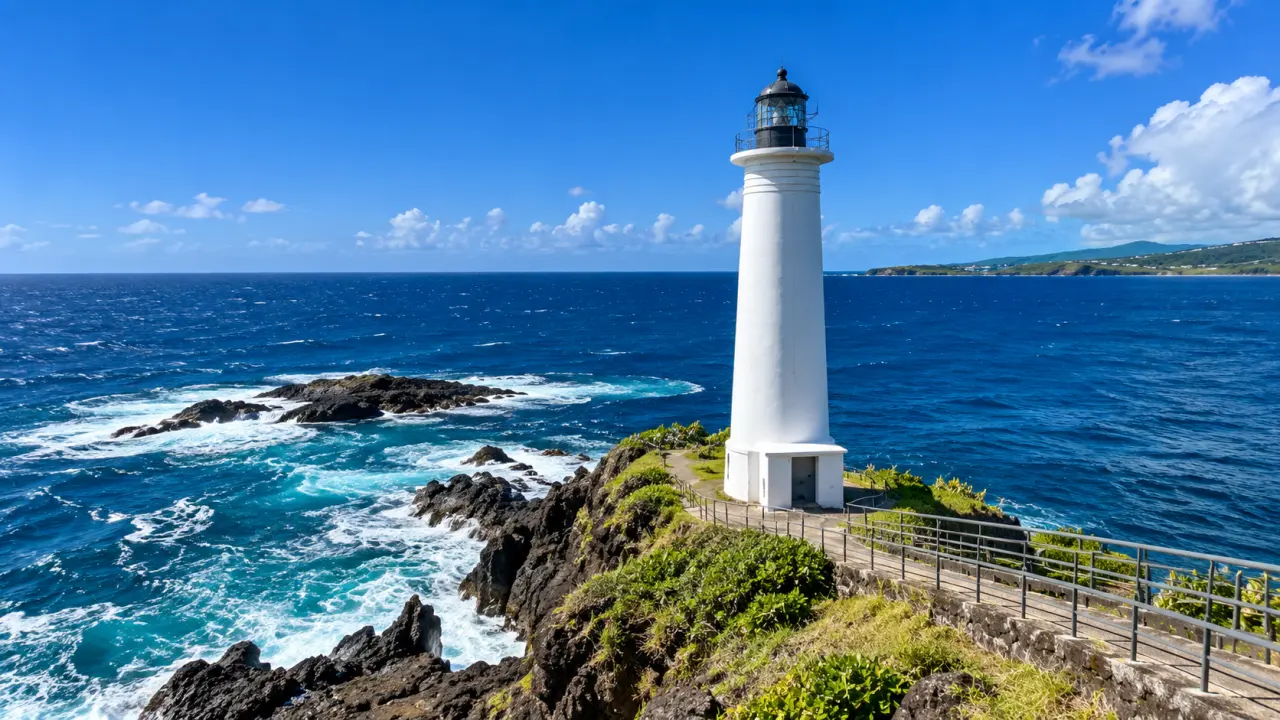 Phare blanc de Guadeloupe sur une pointe rocheuse, entouré par la mer des Caraïbes et une végétation tropicale sous un ciel bleu