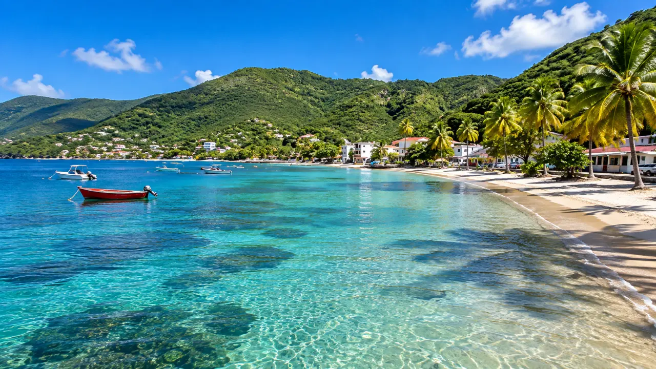 Plage de Grand Anse en Martinique avec eaux turquoise, cocotiers, bateaux et collines verdoyantes en arrière-plan.