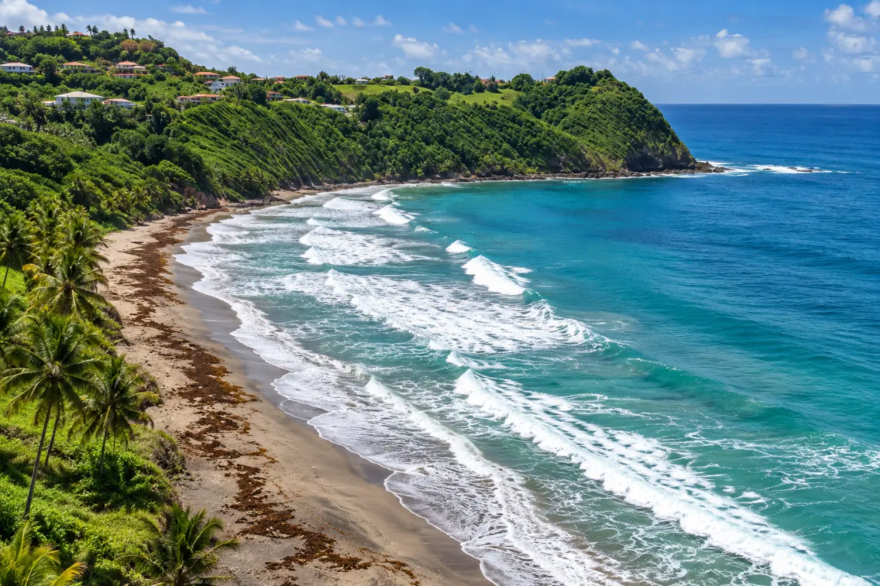 Plage de l’Anse Charpentier en Martinique, vue aérienne sur la plage sauvage, les eaux turquoise, les vagues et les collines verdoyantes.