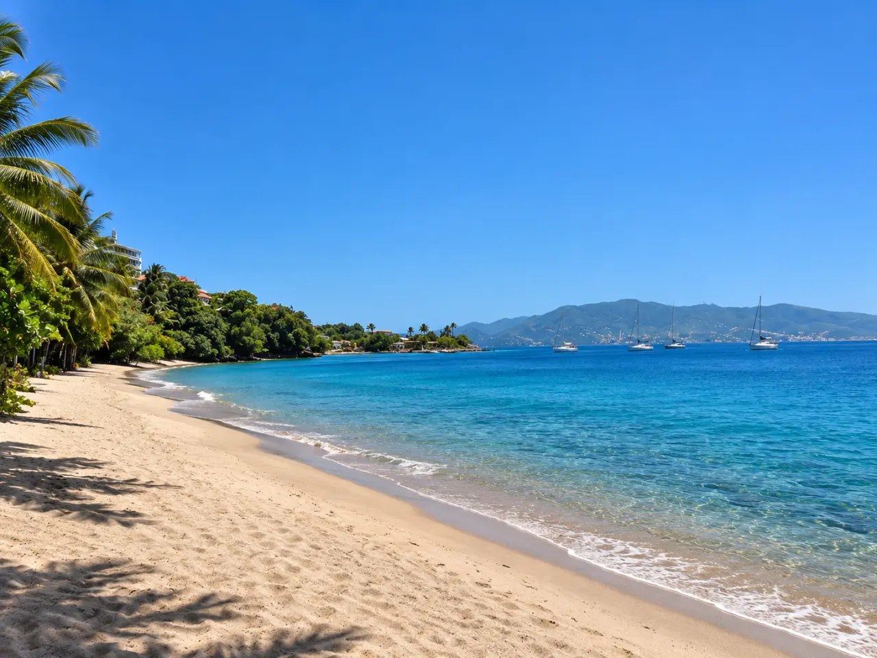 Plage de l’Anse Collat à Schœlcher en Martinique, avec sable clair, eaux turquoise, palmiers et vue sur les montagnes de la baie.