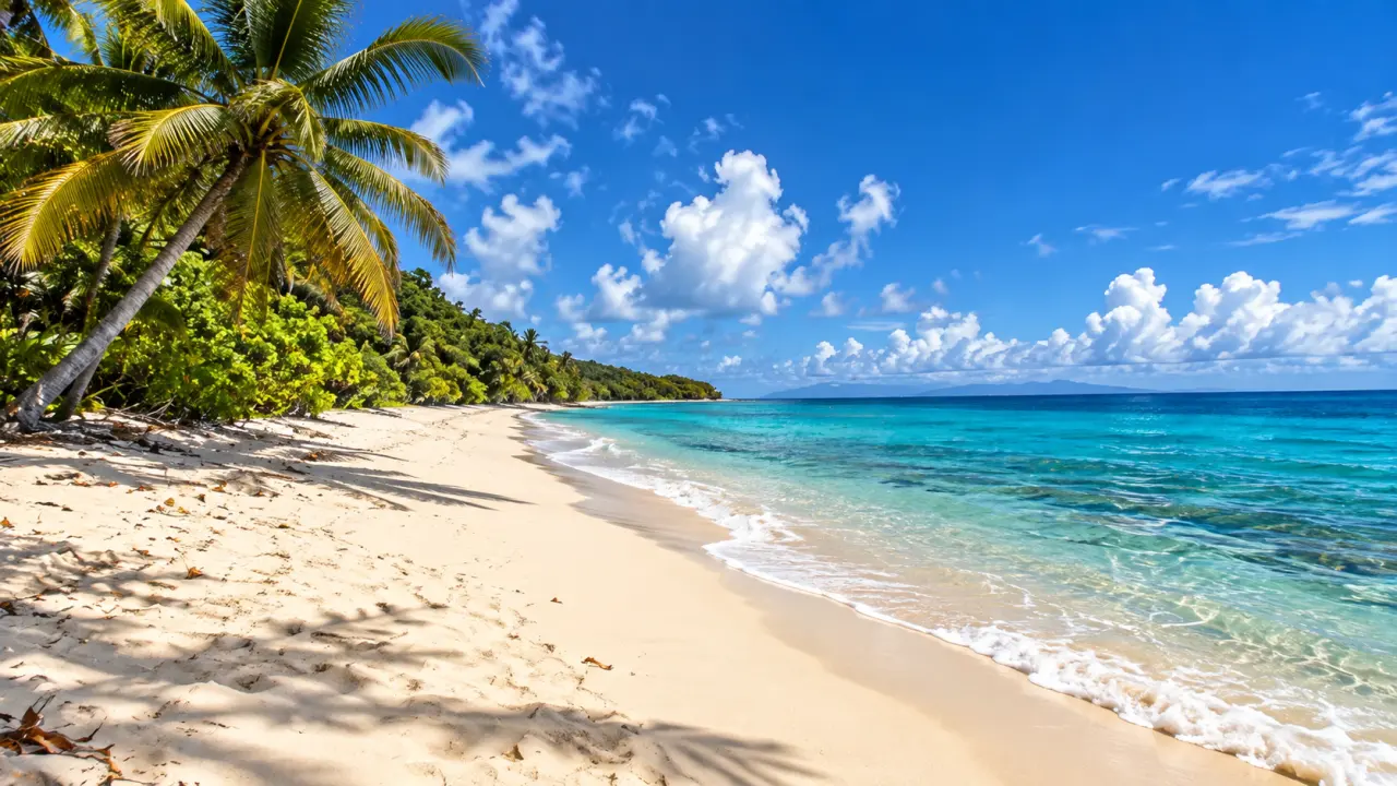 Plage de sable blanc a Marie-Galante bordée de cocotiers, avec eaux turquoise et paysage tropical des Caraïbes.