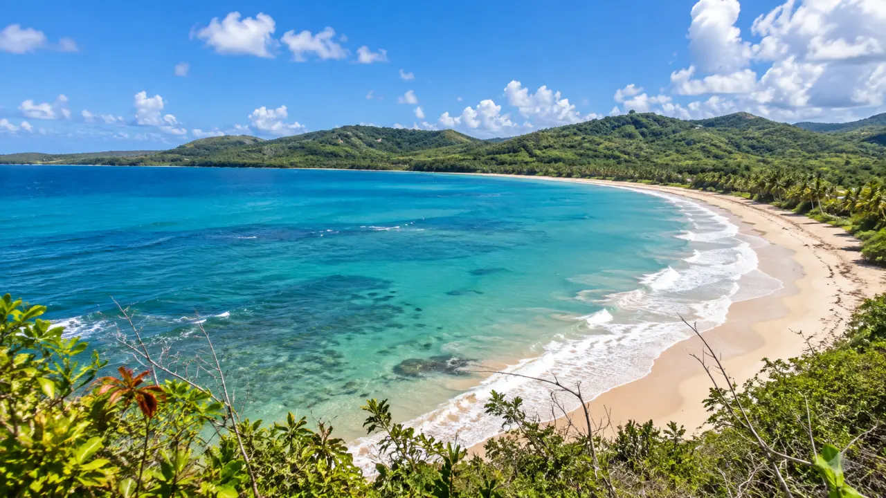 Plage du Vauclin en Martinique avec sable blanc, eaux turquoise, récifs et collines verdoyantes en arrière-plan.