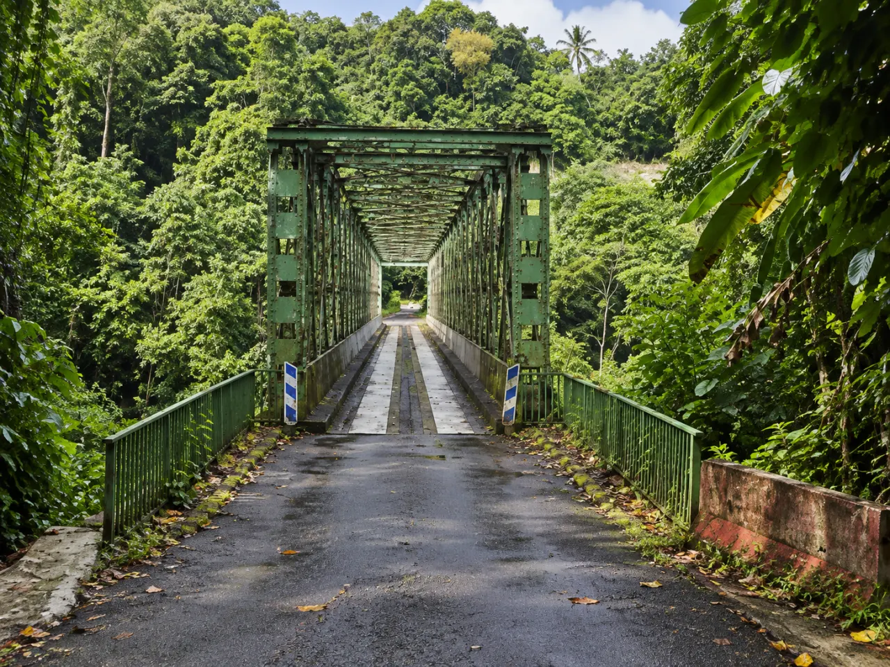 Pont de la Rivière Potiche en Martinique, pont métallique vert traversant une forêt tropicale luxuriante.