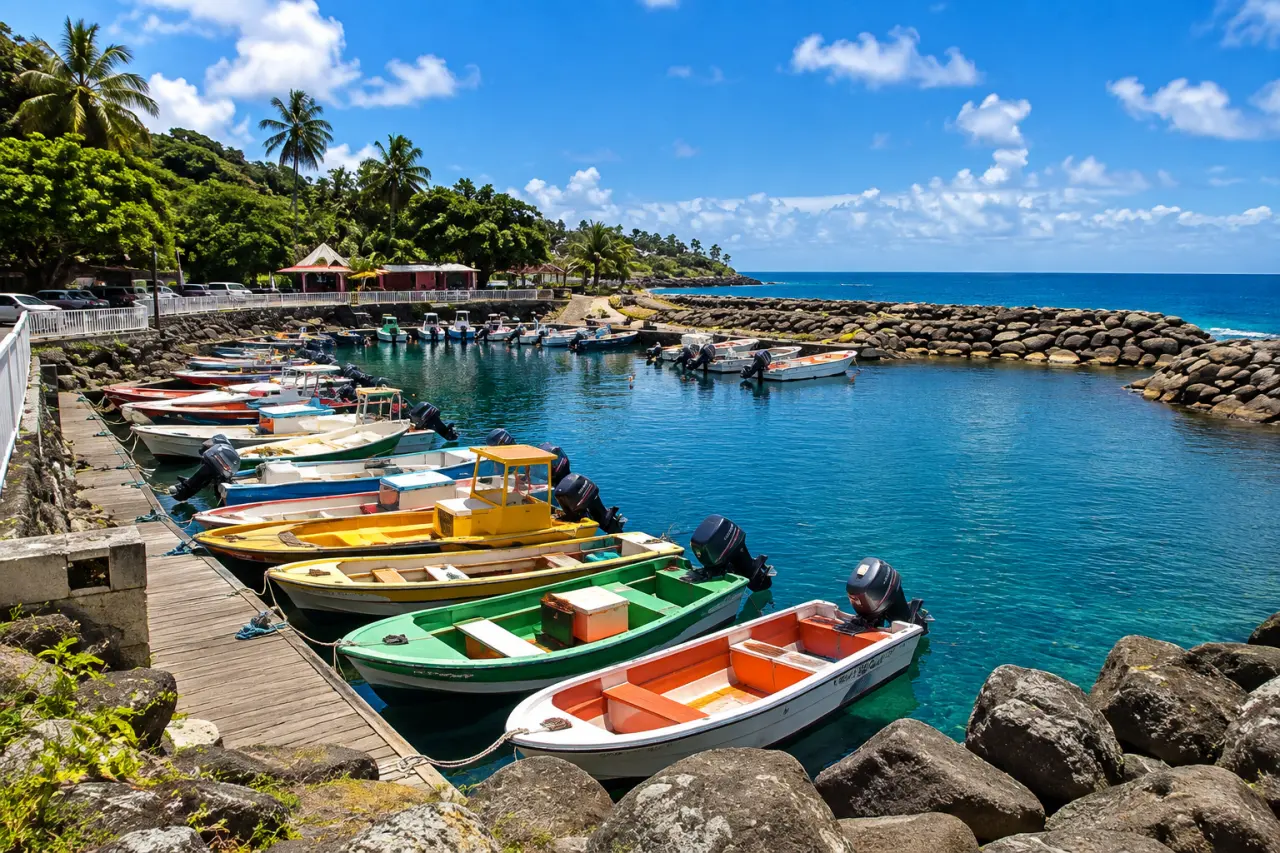Port de pêche de Guadeloupe avec bateaux colorés, ponton en bois, eau turquoise et digue rocheuse face à la mer des Caraïbes.