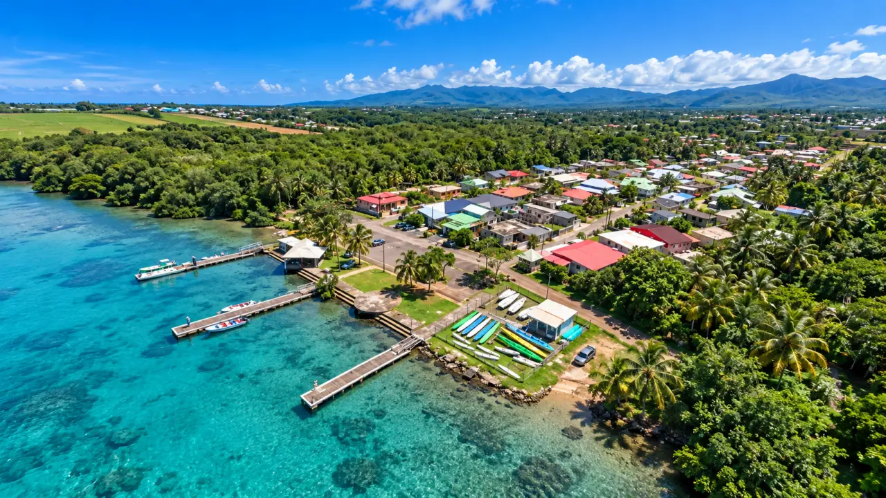 Port de pêche en Guadeloupe vu du ciel, eaux turquoise, pontons, bateaux et village tropical avec montagnes en arrière-plan.