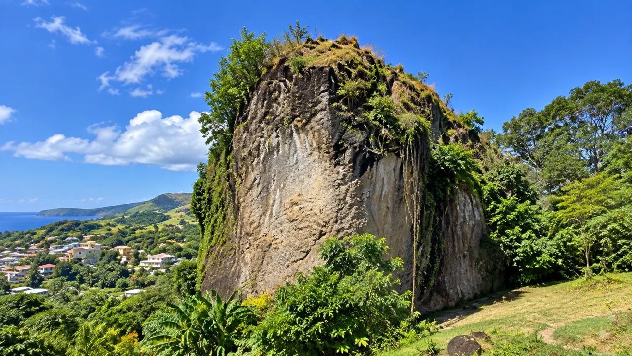 Rocher Zombi en Martinique, imposant rocher volcanique couvert de végétation tropicale avec vue sur le paysage côtier.