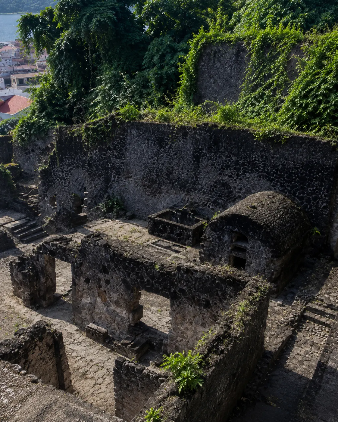 Ruines en pierre de l'ancien théâtre de Saint-Pierre en Martinique, détruit en 1902 et recouvert par la végétation.