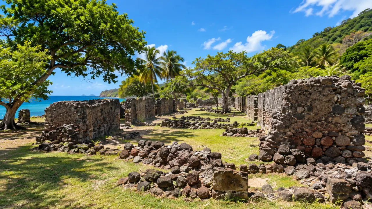 Ruines historiques de Marie-Galante en Guadeloupe, vestiges en pierre volcanique entourés de végétation tropicale et de cocotiers.