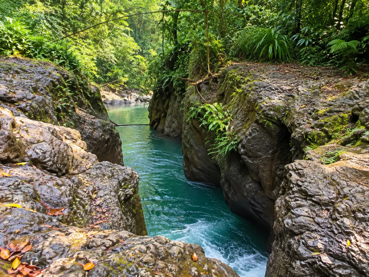 Saut Babin en Martinique, gorge rocheuse aux eaux turquoise entourée de végétation tropicale luxuriante.